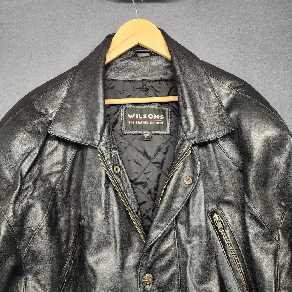 Wilsons Leather Coat Mens XL Black Distressed Pockets Winter Quilted Lining